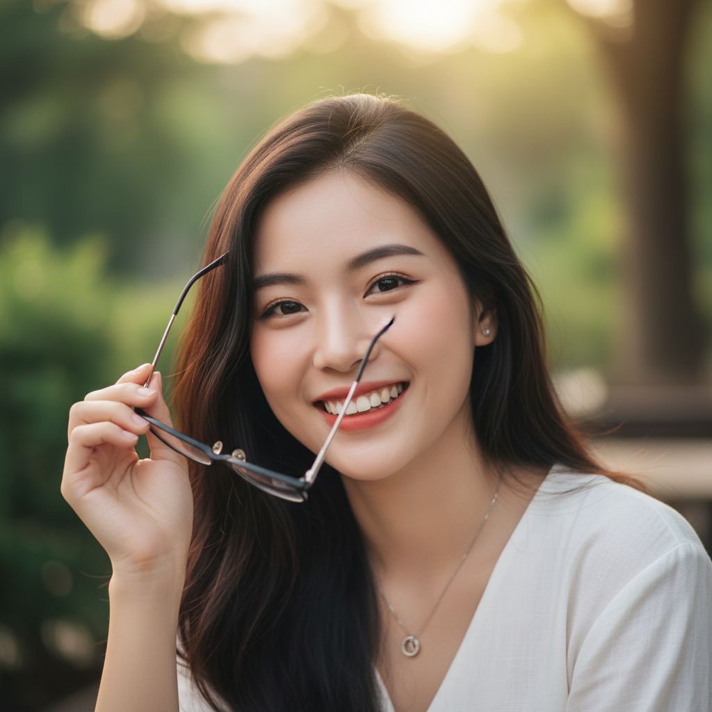 tạo ảnh cô gái 20 tuổi xinh xắn trắng trẻo,tháo kính ra và...