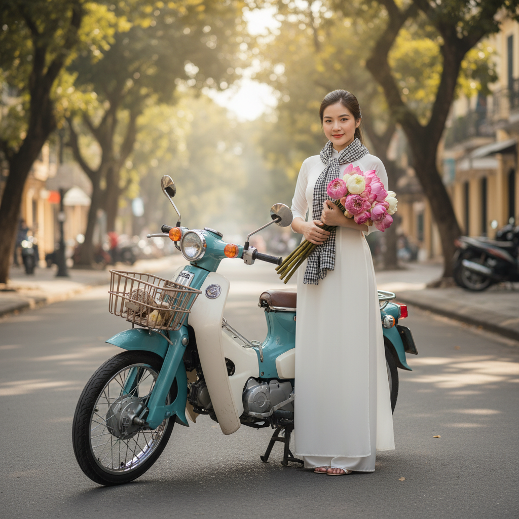 Tạo hình ảnh cô gái Việt Nam với tà áo dài trắng, với khăn ca...