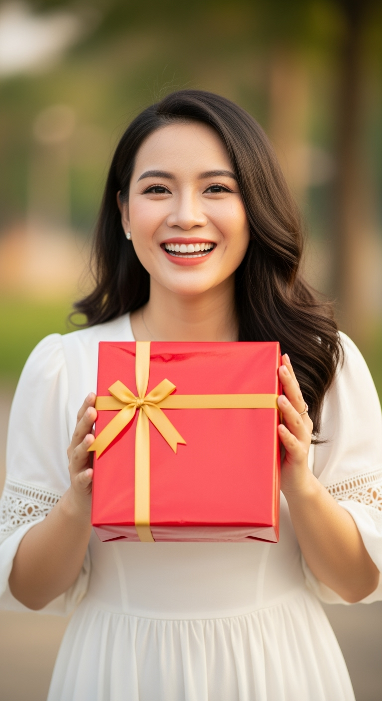 Tạo hình ảnh cô gái Việt Nam khoảng 30 tuổi, mặc váy trắng,...