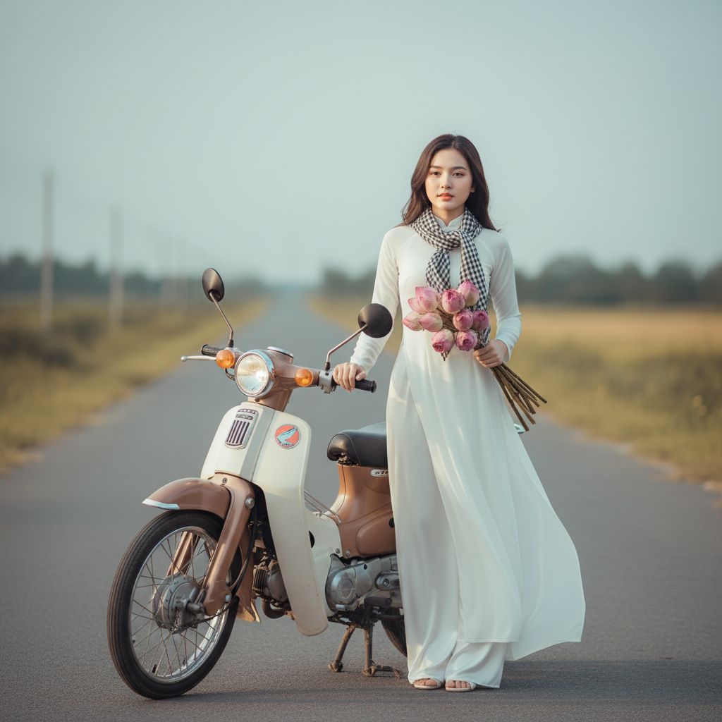 Tạo hình ảnh cô gái Việt Nam với tà áo dài trắng, với khăn ca...