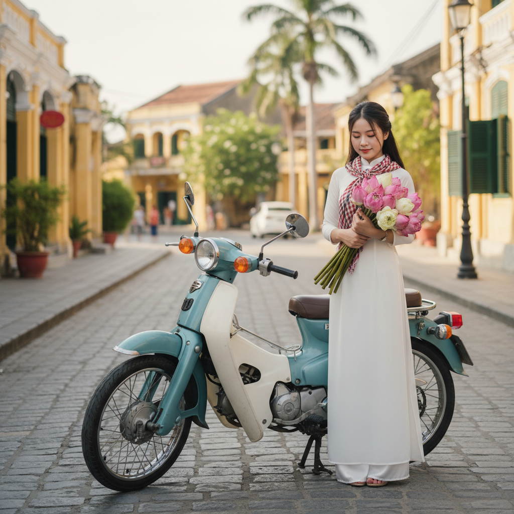 Tạo hình ảnh cô gái Việt Nam với tà áo dài trắng, với khăn ca...