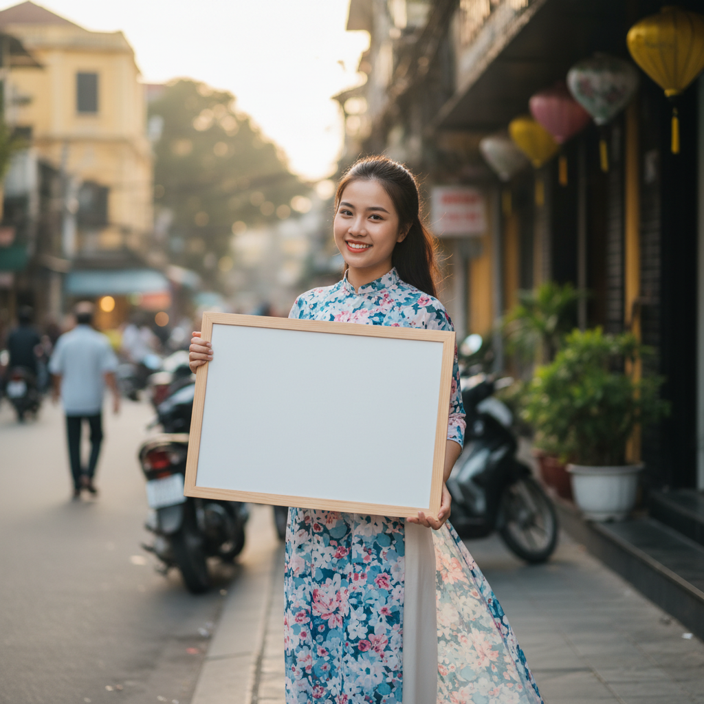 Cô gái cầm bảng, trên bảng ghi câu: chúc mừng sinh nhật , nếu...