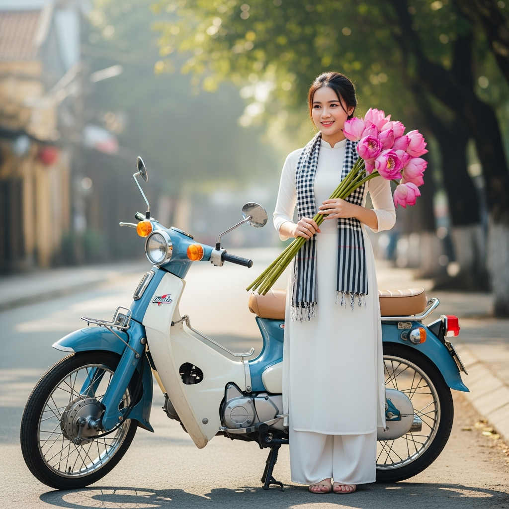 Tạo hình ảnh cô gái Việt Nam với tà áo dài trắng, với khăn ca...