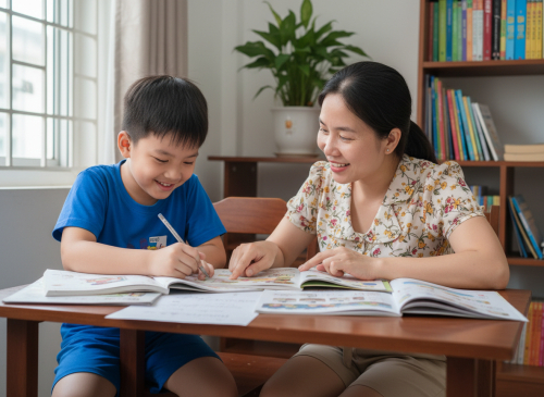 Cậu bé khoảng 6 tuổi vẻ mặt vui vẻ  đang tập trung làm bài tập...