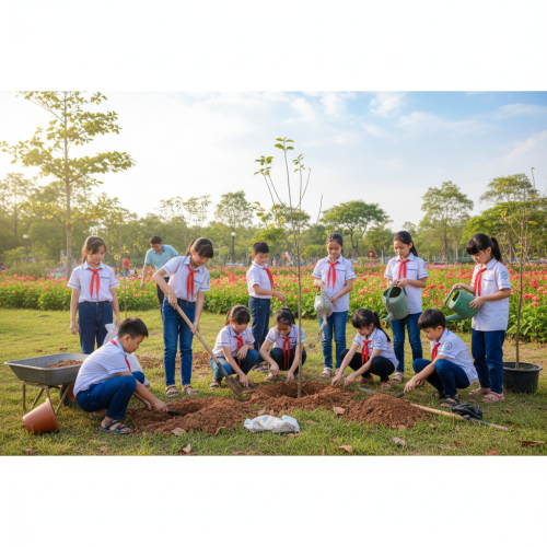 Ảnh học sinh trồng cây xanh . Với đặc điểm phong cách thực tế ....