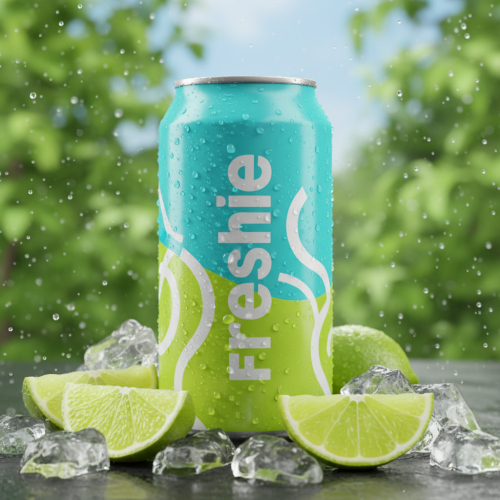 Hình một lon soda Freshie nổi bật giữa nền xanh tươi, xung quanh là...