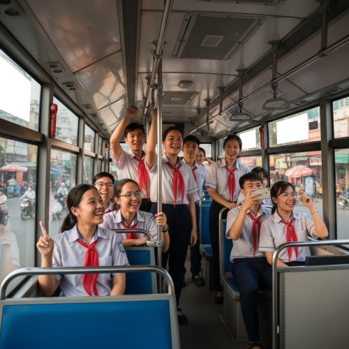 Ảnh học sinh thích thú dùng phương tiện công cộng . Với đặc...