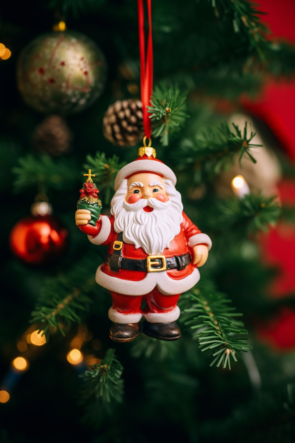 Giáng sinh, ông già noel, trang trí, tượng, cây thông , trái châu, christmas, Santa Claus, decoration, statue, pine tree, bauble