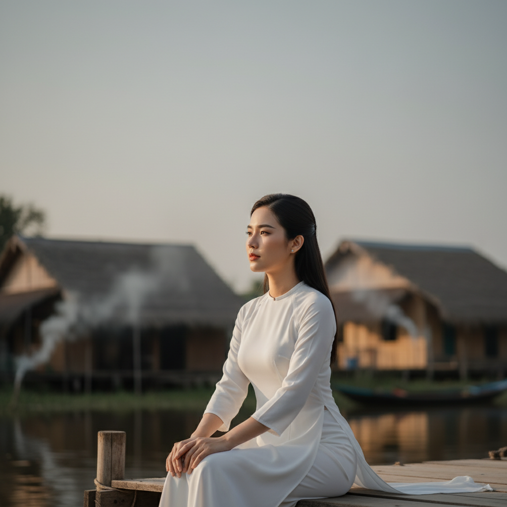 Cô gái xinh đẹp - dịu dàng, quyến rũ mặc áo bà ba trắng đang...