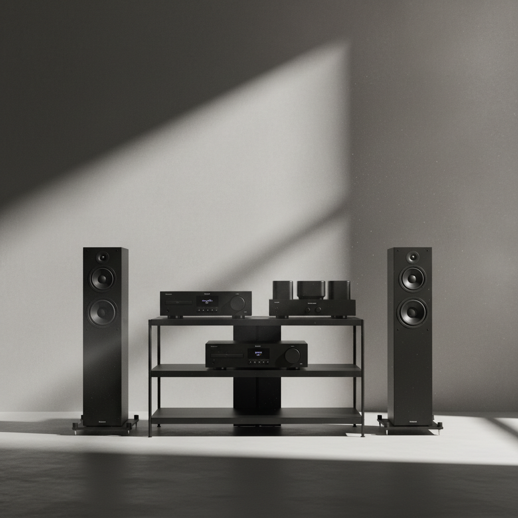 Dàn Âm Thanh Hi-Fi  màu đen để trên kệ màu đen - đẹp lung linh huyền...