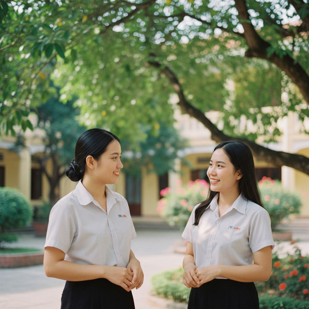 Cô giáo trẻ người Việt trò chuyện với sinh viên dưới tán cây...