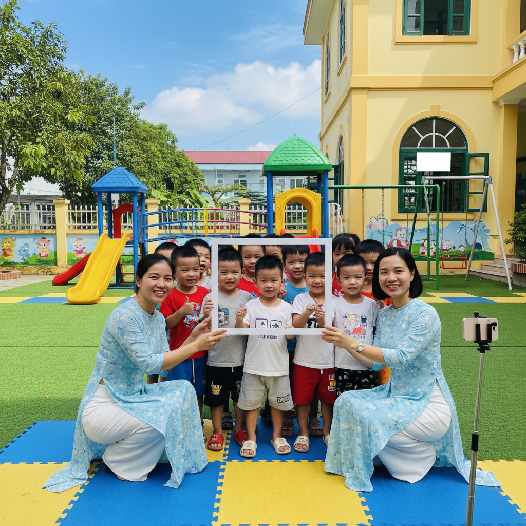 Hình ảnh 2 cô giáo mầm non cùng các bạn học sinh mầm non 2 tuổi...