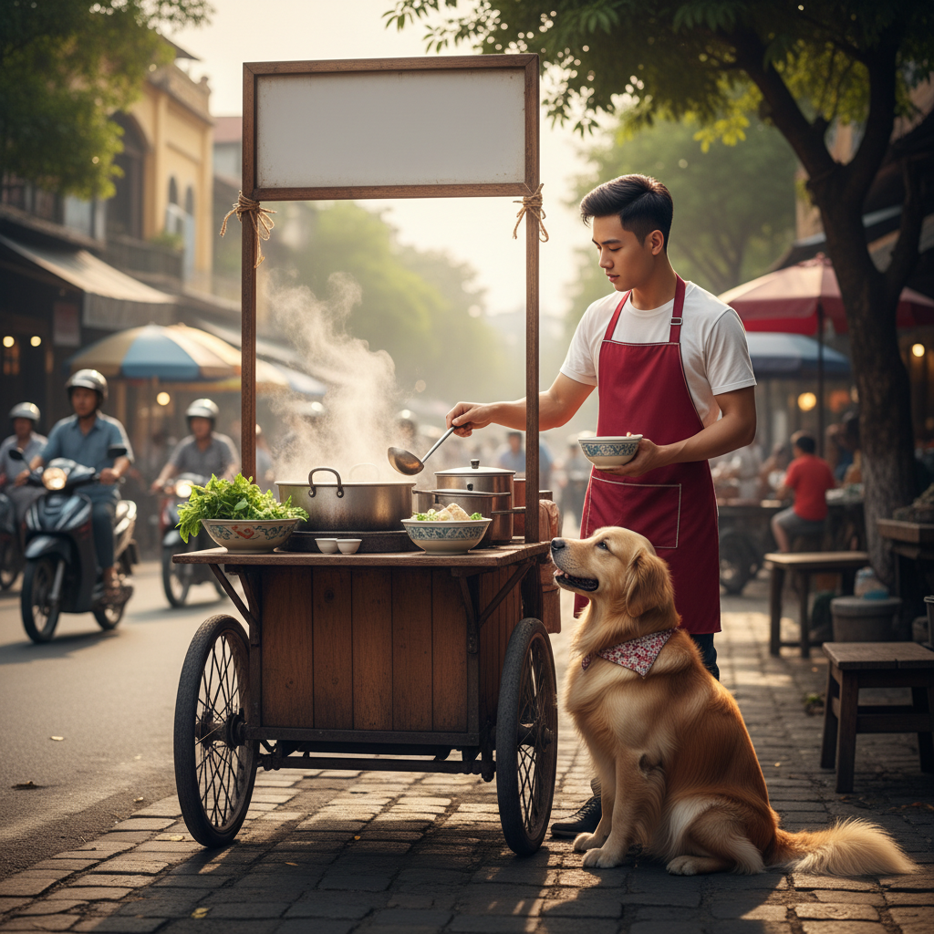 Anh chàng mặc tạp giề đỏ mở quán phở anh hai cùng chó cậu vàng ....