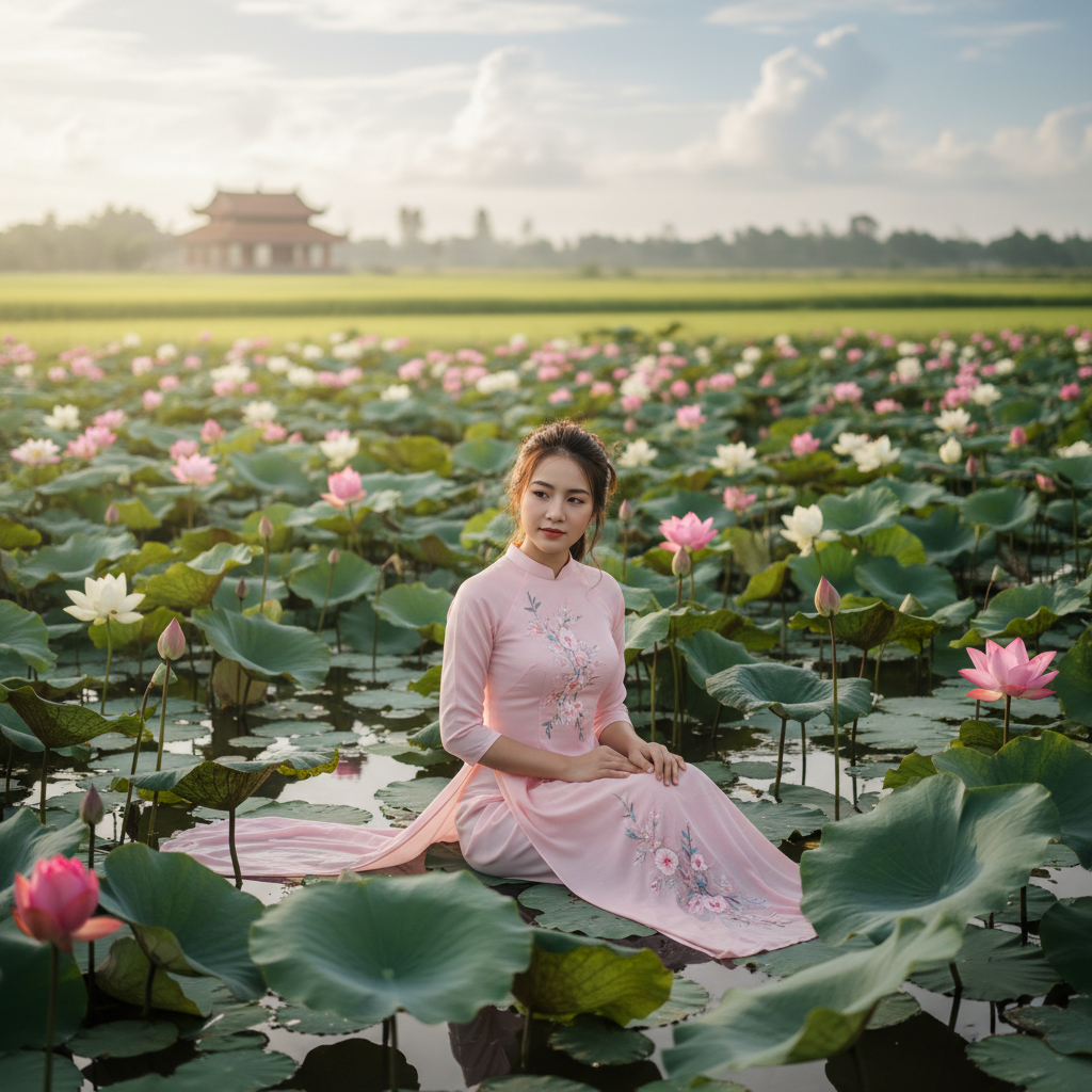 1 cô gái ngồi đầm sen . Với đặc điểm phong cách thực tế . Nếu...