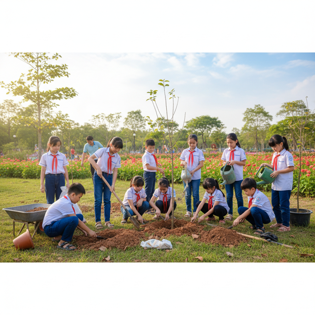 Ảnh học sinh trồng cây xanh . Với đặc điểm phong cách thực tế ....