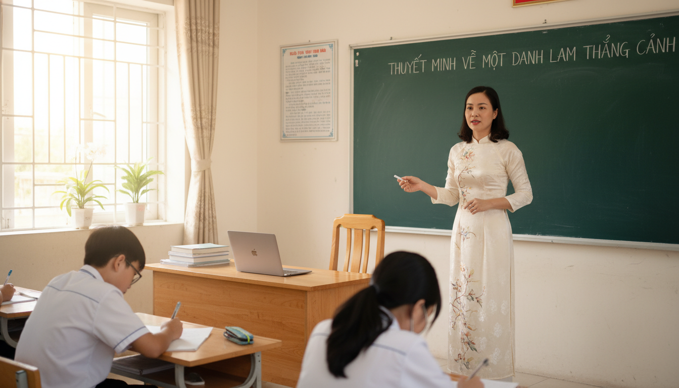 Cô giáo Việt Nam dạy Ngữ Văn mặc áo dài. Trong ảnh có 1 đến 2...