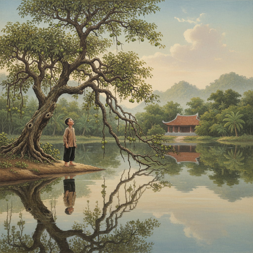 Vietnamese silk painting style, Wide establishing shot showing an ancient,...