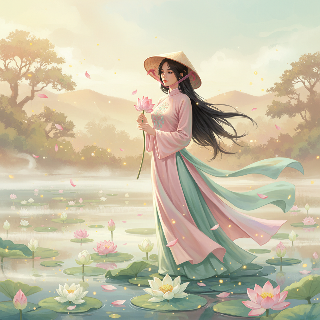 A graceful young Vietnamese woman in a traditional áo tứ thân of pastel pink...