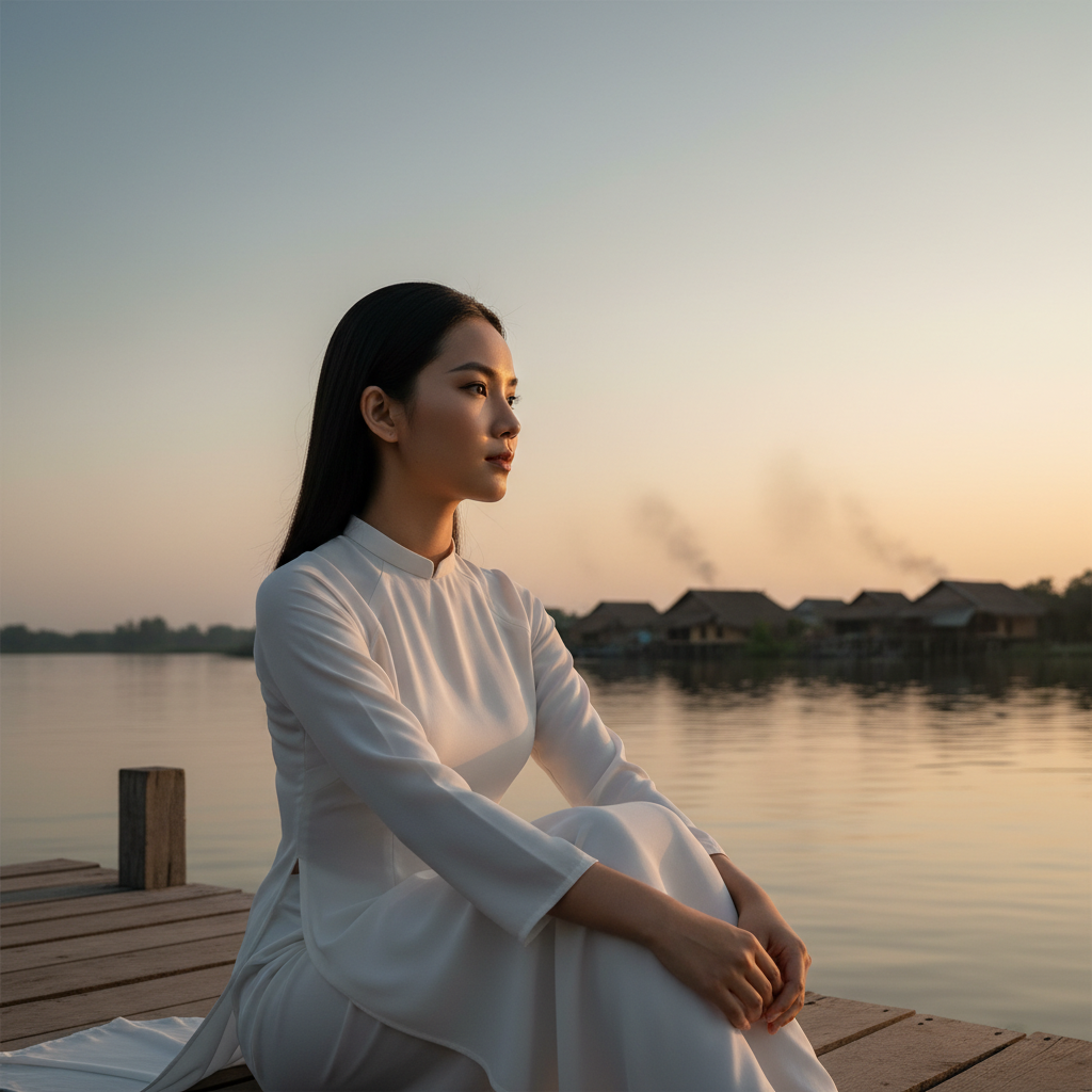 Cô gái xinh đẹp - dịu dàng mặc áo bà ba trắng đang ngồi trên bến...