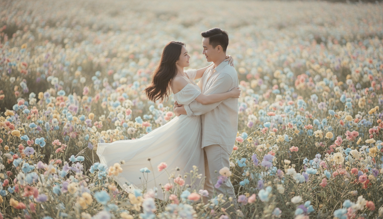 cặp đôi yêu nhau hạnh phúc, ôm bạn gái xoay tròn, cảnh vật cỏ...
