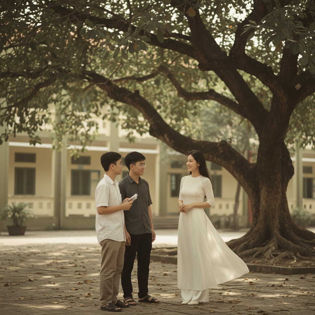 Cô giáo trẻ người Việt trò chuyện với sinh viên dưới tán cây...
