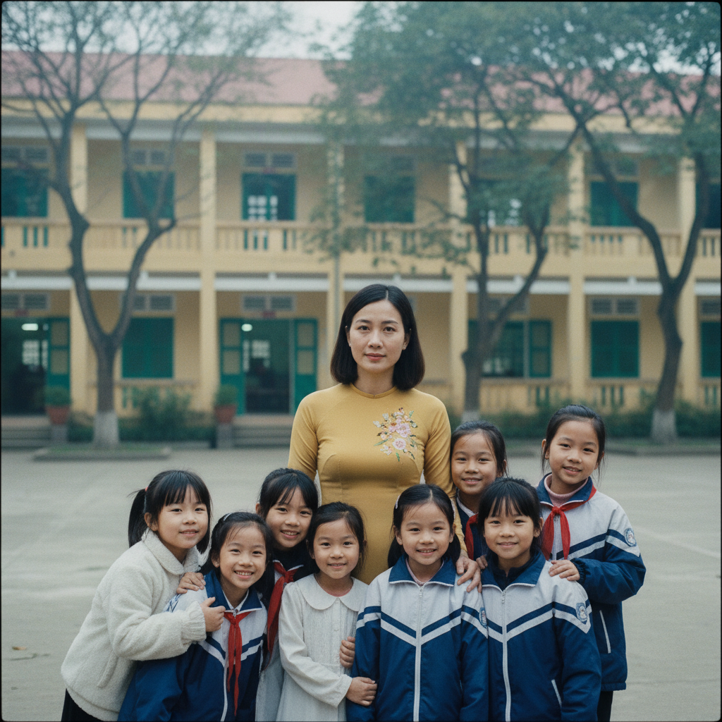 Cô giáo Việt Nam xinh đẹp đứng cùng học sinh chụp ảnh kỷ niệm...