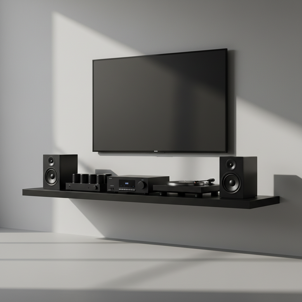 Dàn Âm Thanh Hi-Fi  màu đen để trên kệ màu đen - đẹp lung linh huyền...