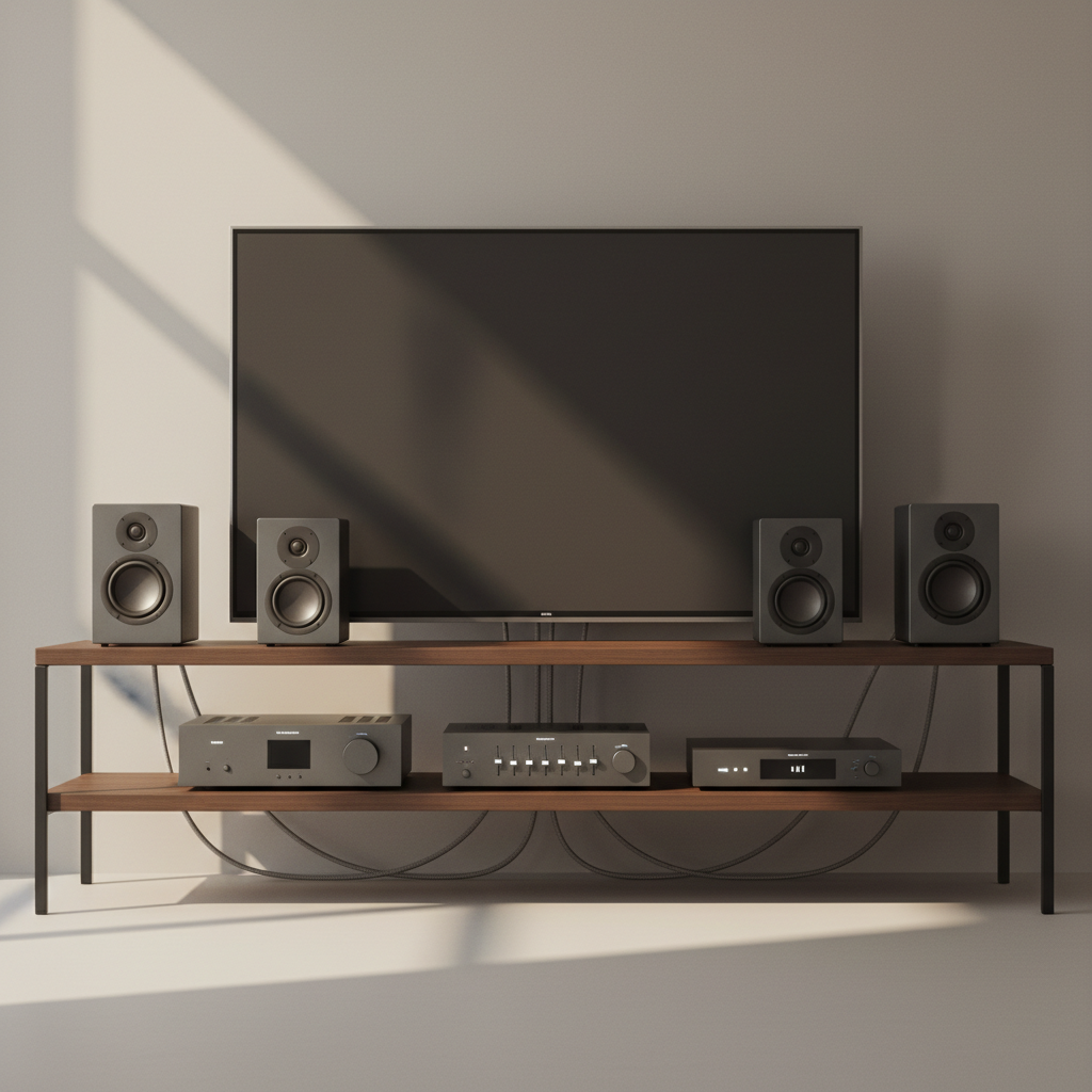 Dàn Âm Thanh hifi 4 loa màu ghi để trên kệ màu nâu với đày đủ âm ly...