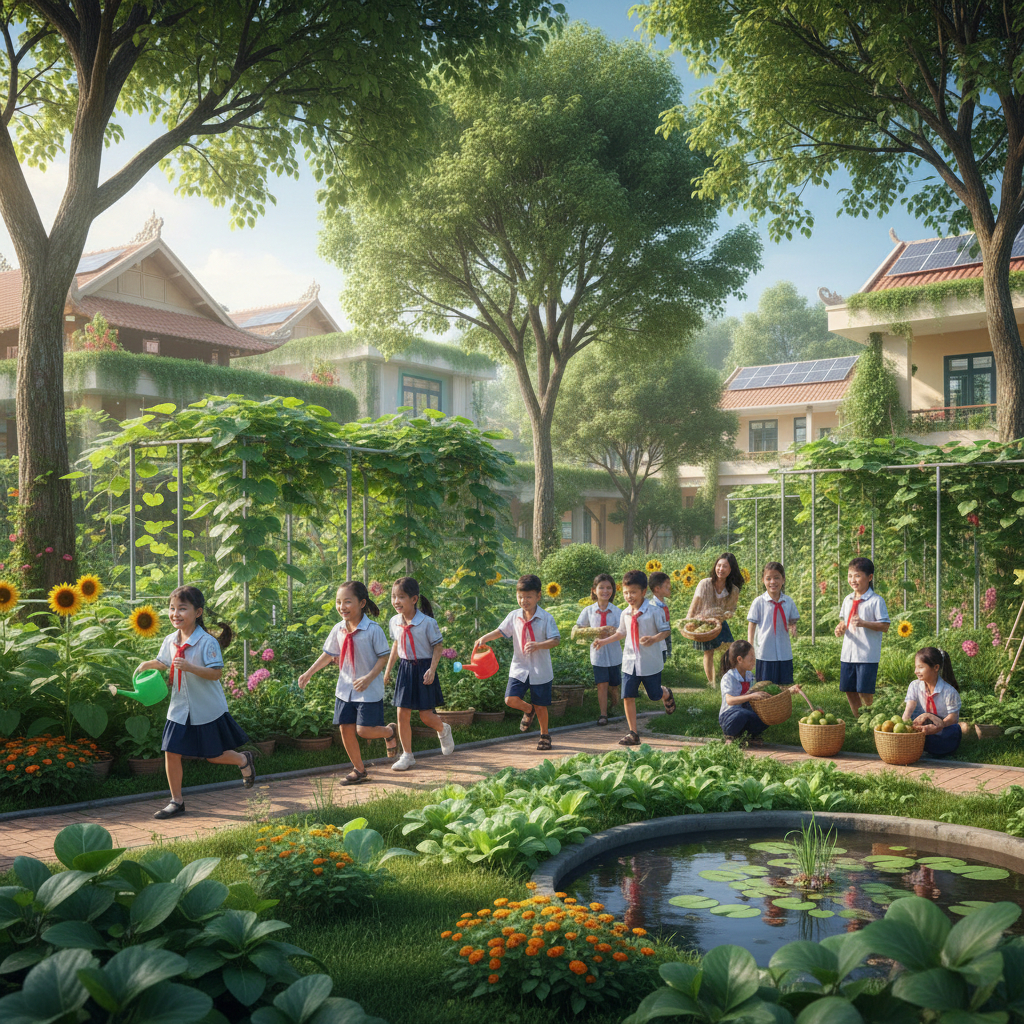 Ảnh học sinh thích thú sống trong môi trường xanh . Với đặc...