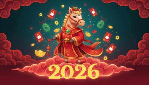 A cute cartoon horse wearing a lucky charm outfit, with a red cloud background. The...