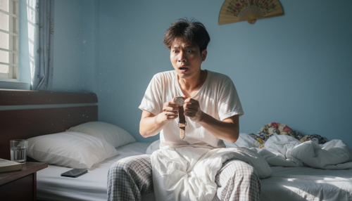 Tạo ảnh người đàn ông vừa ngủ dậy ngồi trên giường nhìn...