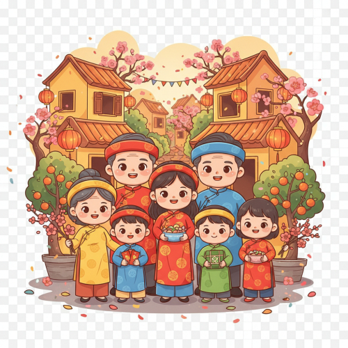 A vertical Vietnamese Lunar New Year illustration, warm and joyful atmosphere,...