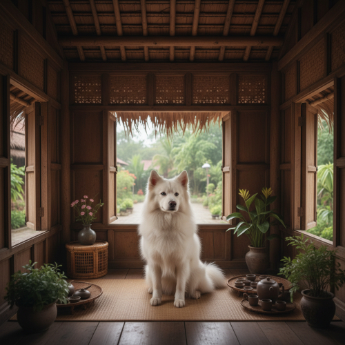 Chó eskimo ngồi trong nhà lỗ tai sụp . Với đặc điểm phong cách...