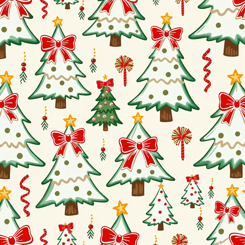 Họa tiết giáng sinh, họa tiết, giáng sinh, noel, năm mới, cây thông, nơ đỏ, dây ruy băng, quả châu, kẹo, màu trắng, màu xanh lá, màu đỏ, noel, christmas pattern, pattern, christmas - zendaIA