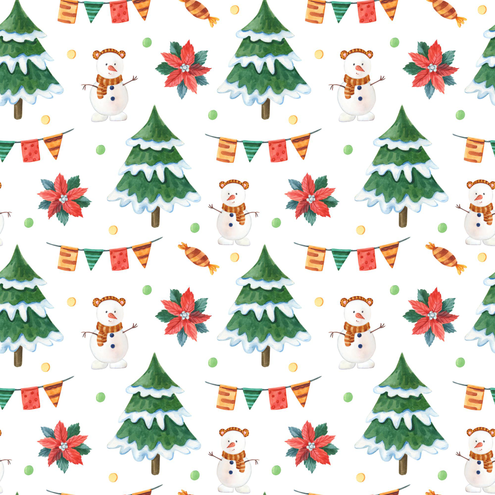 Hoạ tiết noel, họa tiết, giáng sinh, mùa đông, cây thông, người tuyết, hoa trạng nguyên, cờ dây, kẹo, màu xanh lá, màu đỏ, màu trắng, hình vẽ tay, christmas pattern - lyubovya