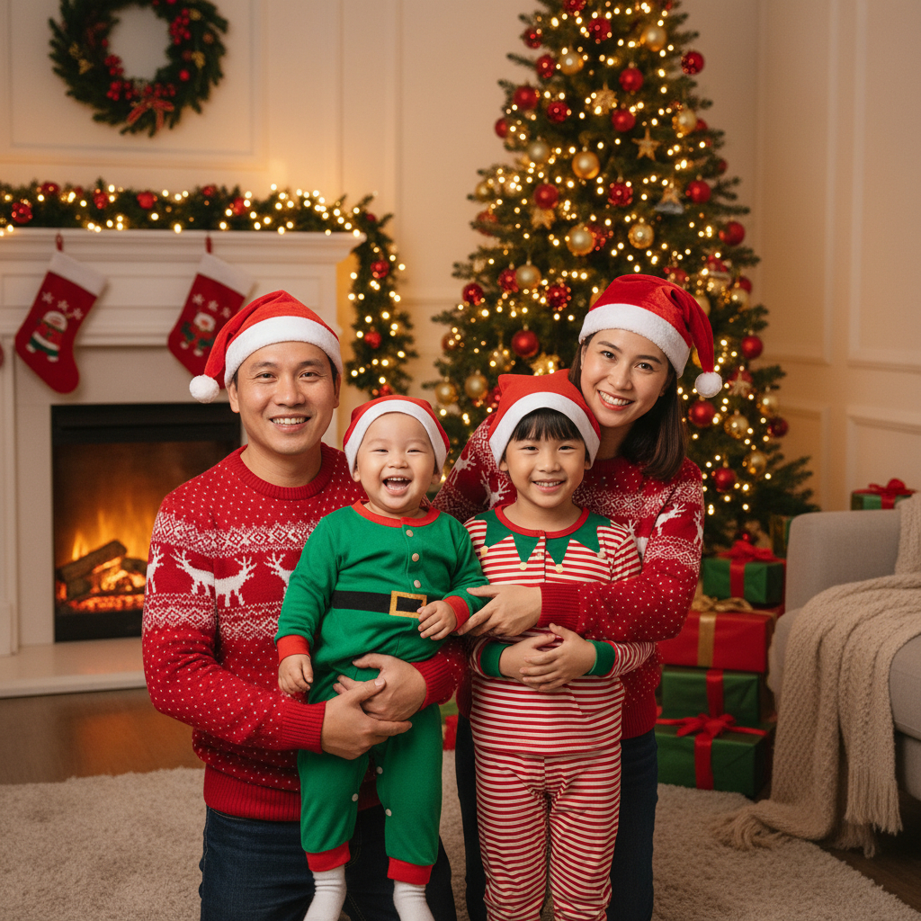 Một gia đình mặc trang phục giáng sinh, đội nón noel, vui vẻ bên...