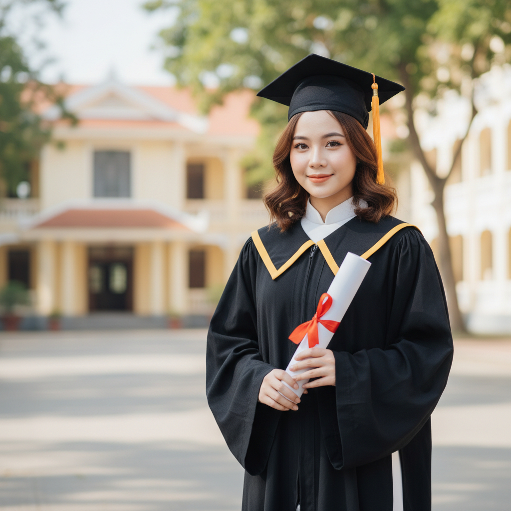 tạo ảnh 1 cô gái mặc áo dài trắng bên trong, bên ngoài mặc áo cử...