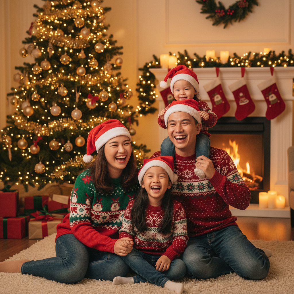 Một gia đình mặc trang phục giáng sinh, đội nón noel, vui vẻ bên...