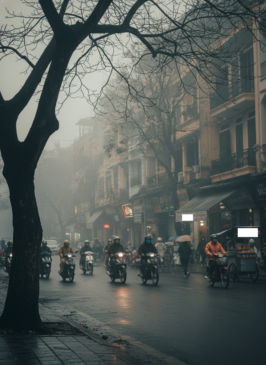 Tạo ảnh đường phố hà nội mua đông có chút sương mù , góc...