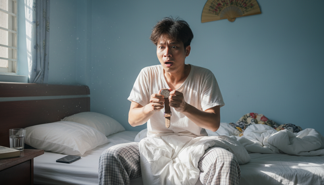 Tạo ảnh người đàn ông vừa ngủ dậy ngồi trên giường nhìn...