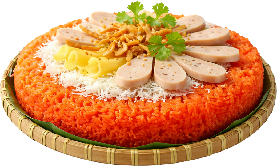 Xôi gấc chả lụa, xôi gấc, chả lụa, xôi, món ăn truyền thống, ẩm thực việt nam, tết, đỏ, dừa nạo, mâm cỗ, gac sticky rice with pork sausage, gac sticky rice, pork sausage, sticky rice, traditional food