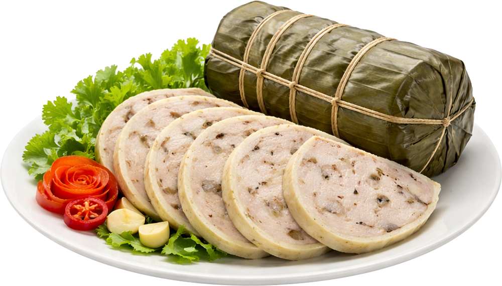 Giò lụa, giò thủ, thịt đầu heo, mộc nhĩ, hạt tiêu, lá chuối, trang trí, tết, ẩm thực việt nam, vietnamese head cheese, wood ear pork sausage, pork head meat, wood ear mushroom, black pepper, banana leaves