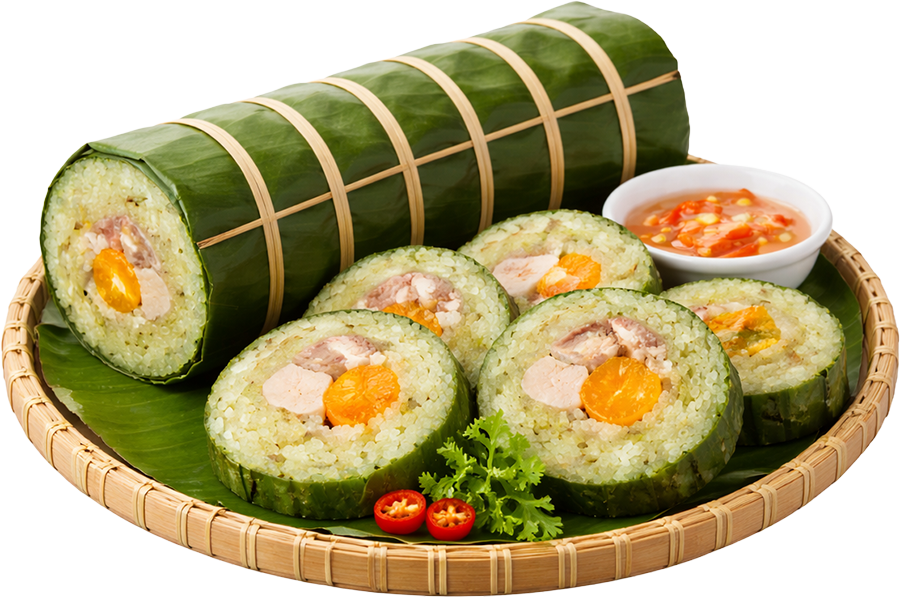 Bánh tét, tết, truyền thống, gạo nếp, nhân thịt, trứng muối, lá chuối, ẩm thực việt nam, mẹt tre, chén nước chấm, ớt, tet cake, lunar new year, vietnamese tradition, sticky rice, pork filling 2