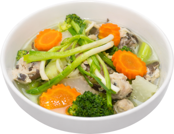 Canh bóng thả, canh rau củ, thịt viên, cà rốt, súp lơ, nấm, hành lá, bát trắng, món ăn gia đình, mọc soup, vegetable soup, meatballs, carrot, broccoli, mushroom