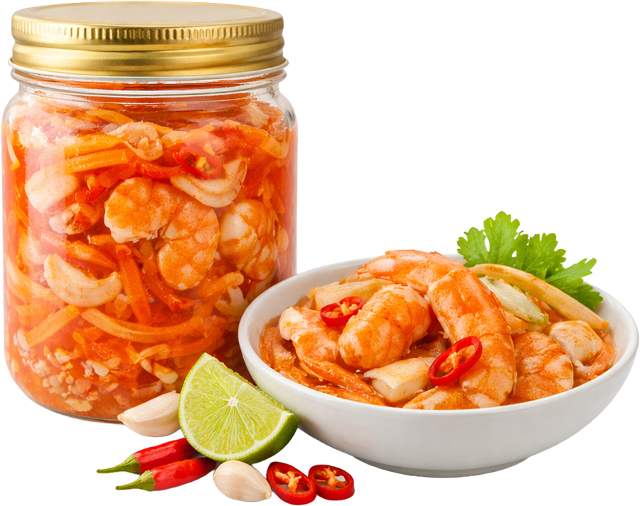 Mắm tôm chua, tôm, hũ thủy tinh, đặc sản huế, tỏi, ớt, chanh, đồ muối, cay, ẩm thực miền trung, sour shrimp sauce, shrimp, glass jar, hue specialty, garlic, chili, lime, fermented