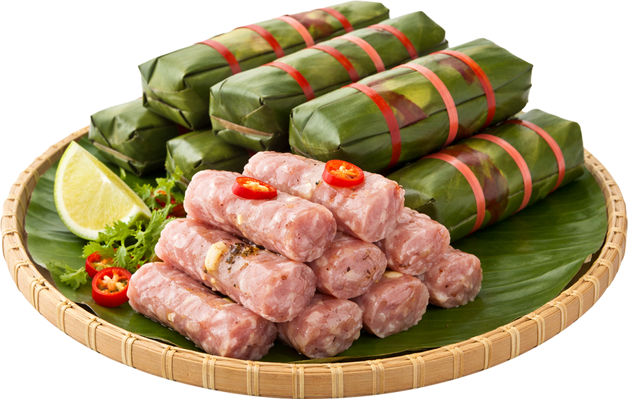 Nem chua, tết, thịt lợn, lên men, lá chuối, tỏi, ớt, chanh, mẹt tre, đặc sản, fermented pork roll, lunar new year, pork, fermented, banana leaf, garlic, chili, lime, bamboo tray, specialty