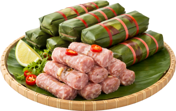 Nem chua, tết, thịt lợn, lên men, lá chuối, tỏi, ớt, chanh, mẹt tre, đặc sản, fermented pork roll, lunar new year, pork, fermented, banana leaf, garlic, chili, lime, bamboo tray, specialty