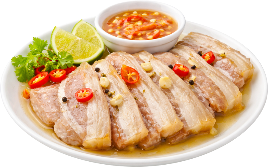 Thịt luộc, thịt ba chỉ, nước mắm, tỏi, ớt, chanh, rau thơm, đĩa trắng, món ăn chính, ẩm thực việt nam, boiled pork, pork belly, fish sauce, garlic, chili, lime, herbs, white plate