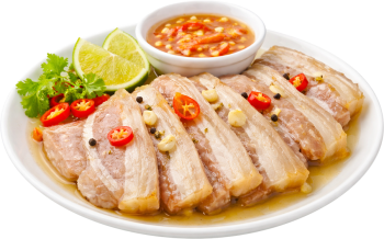 Thịt luộc, thịt ba chỉ, nước mắm, tỏi, ớt, chanh, rau thơm, đĩa trắng, món ăn chính, ẩm thực việt nam, boiled pork, pork belly, fish sauce, garlic, chili, lime, herbs, white plate