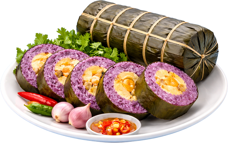 Bánh tét lá cẩm, bánh tét, nếp cẩm, nhân đậu xanh, thịt mỡ, lá chuối, món ăn tết, đặc sản miền tây, ẩm thực việt nam, magenta sticky rice cake, cylindric sticky rice cake